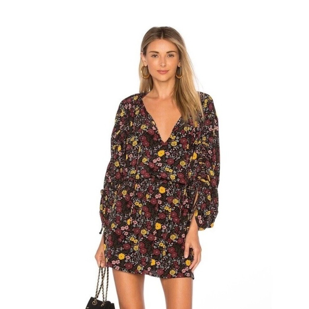 Tularosa Floral V-Neck Mini Dress XL Black Burgundy Yellow Balloon Sleeve Boho